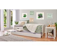 Inter Link lit fonctionnel rangement tiroirs sommier bois massif 90x190cm | Lit fonctionnel avec rangement et tiroirs 2 couchages 90 x 200 cm en pin massif, sommier à lattes laqué blanc 90x190cm Ulli