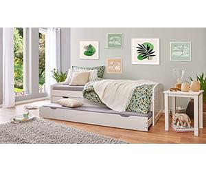 Inter Link lit fonctionnel rangement tiroirs sommier bois massif 90x190cm | Lit fonctionnel avec rangement et tiroirs 2 couchages 90 x 200 cm en pin massif, sommier à lattes laqué blanc 90x190cm Ulli