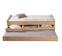 Inter Link lit fonctionnel rangement tiroirs sommier bois massif 90x200cm | Lit fonctionnel avec rangement et tiroirs 2 couchages en pin massif, sommier à lattes laqué natur 90x200cm Marinella