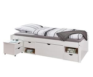 Inter Link - Lit simple - Multifonction - Lit fonctionnel avec rangements - Avec table de chevet - 3 tiroirs - 2 niches - Bois massif - Avec sommier - Blanc vernis - Till 90 x 200 cm