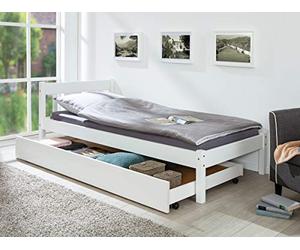 Inter Link - Tiroir de lit - Tiroir de lit sur roulettes - Tiroir extensible - Pin massif - Blanc - Dimensions en cm : longueur 199 x largeur 94 x hauteur 22 - Umea