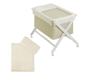 Interbaby Berceau Bébé Bois Pliable à roulettes - Berceau Bébé Complet avec Matelas, Parure, Édredon et Oreiller en Microfibre | 4 Roues avec Freins | Star Beige