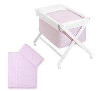 Interbaby Berceau en Croix Hêtre Blanc + Parure + Nacelle + Matelas Modèle Etoile Rose