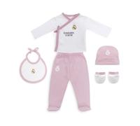 Interbaby - Coffret Cadeau 5 Pièces du Real Madrid - Kit de Naissance pour Nouveau-né - Comprend un Bonnet, une Brassière, un Pantalon avec Pieds, des Moufles et un Bavoir. Taille 0-6 mois.