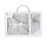 Interbaby Coffret Couverture + Doudou Bébé Bubles Gris | Ensemble cadeau couverture veloutée 80x110 cm + doudou ours 28x17 cm, microfibre polyester, toucher doux