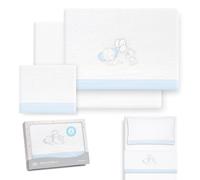 Interbaby Drap Housse Berceau 50x80 cm Éléphant Ballon Cœur Blanc/Bleu | Parure de berceau 50x80, 3 pièces : drap housse, drap plat et taie d'oreiller, polaire corail chaude, cadeau naissance