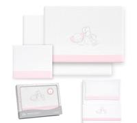 Interbaby Drap Housse Berceau 50x80 cm Éléphant Ballon Cœur Blanc/Rose | Parure de berceau 50x80, 3 pièces : drap housse, drap plat et taie d'oreiller, polaire corail chaude, cadeau naissance
