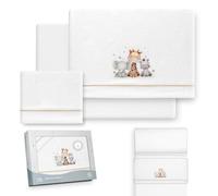Interbaby Drap Housse Berceau 50x80 cm Girafe Éléphant Blanc/Beige | Parure de berceau 50x80, 3 pièces : drap housse, drap plat et taie d'oreiller, polaire corail chaude, cadeau naissance