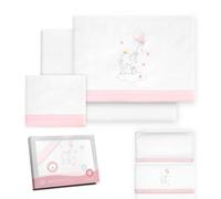Interbaby Drap Housse Coton Berceau 50x80 cm Éléph. Ballon Cœur BLC/Rose | Parure berceau 50x80 en flanelle de coton 100% : drap housse, drap plat et taie d'oreiller, hiver, cadeau naissance