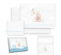 Interbaby Drap Housse Coton Berceau 50x80 cm Éléphant BLC/Bleu | Parure berceau 50x80 en flanelle de coton 100% : drap housse, drap plat et taie d'oreiller, hiver, cadeau naissance