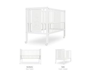 Interbaby Lit Bébé 124x63 cm en Bois Blanc avec Option Cododo | Lit Évolutif Bébé & Berceau, Hauteur Réglable, avec Roues | Convertible en Bureau Enfant et Canapé (Basic Bear)