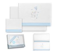 Interbaby - Mini Ensemble de draps pour Berceau, 50 x 80 cm, 100% Polyester | Drap-Housse, Drap de Dessus et taie d'oreiller Inclus | Idéal pour l'hiver | Motif éléphant, Ballon, cœur, Blanc/Bleu