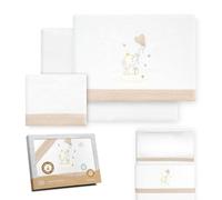Interbaby - Mini Parure de lit bébé, 50 x 80 cm, 100% Coton | Drap-Housse, Drap de Dessus et taie d'oreiller Inclus | Idéal pour l'hiver | Motif éléphant, Ballon et cœur, Blanc/Beige