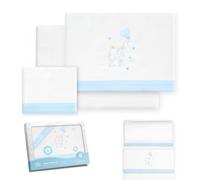 Interbaby - Mini Parure de lit bébé, 50 x 80 cm, 100% Coton | Drap-Housse, Drap de Dessus et taie d'oreiller Inclus | Idéal pour l'hiver | Motif éléphant, Ballon, cœur, Blanc/Bleu
