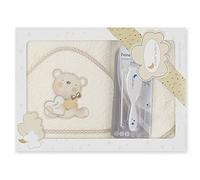 Interbaby P1177-05 Cape de Bain Con Capuche Love You Beige Con Ensemble Peigne Et Brosse pour Bébé
