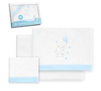 Interbaby - Parure de draps pour Berceau 100% Coton, 60 x 120 cm | Drap-Housse, Drap de Dessus et taie d'oreiller Inclus | Idéal pour l'hiver | Motif éléphant, Ballon, cœur, Blanc/Bleu