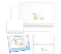 Interbaby - Parure de lit pour Berceau 50 x 80 cm, 100% Coton, avec Drap-Housse, Drap Plat et taie d'oreiller Idéal pour Printemps, été, Guipure Ours allongé Lapin Blanc/Bleu
