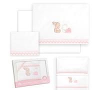 Interbaby - Parure de lit pour Berceau 50 x 80 cm, 100% Coton, avec Drap-Housse, Drap Plat et taie d'oreiller, idéal pour Printemps, été, Guipure Ours allongé Lapin Blanc/Rose