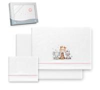Interbaby Underzy Parure de lit 100% Polyester avec Drap-Housse, Drap Plat et taie d'oreiller Motif Girafe éléphant Blanc/Rose 60 x 120 cm
