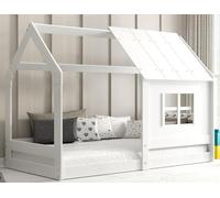 Interbeds Lit cabane avec Toit pour Enfant, lit Montessori au Sol en Bois, lit Simple avec barrière Anti-Chute et sommier à Lattes Inclus, Structure Robuste 80 x 160 cm (Blanc)