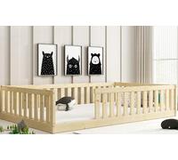 Interbeds lit Enfant Bella 120x200 avec barrière de sécurité et sommier à Lattes, Sol en Bois, lit Simple Montessori, à barreaux, pour Tout-Petit (Pin Naturel, 120x200)