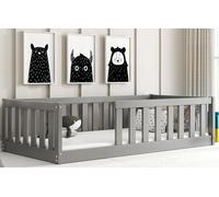 Interbeds lit Enfant Bella 160x80 avec barrière de sécurité et sommier à Lattes, Sol en Bois, lit Simple Montessori, à barreaux, pour Tout-Petit (Gris, 160x80)