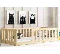 Interbeds lit Enfant Bella 160x80 avec barrière de sécurité et sommier à Lattes, Sol en Bois, lit Simple Montessori, à barreaux, pour Tout-Petit (Pin Naturel, 160x80)