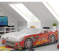 Interbeds Lit Enfant Simple Forme de Voiture avec sommier à Lattes 160x80 (Rouge)