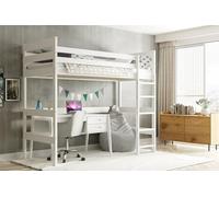 Interbeds Lit Mezzanine Enfant 90x200 cm - Bois Massif de Pin Naturel, Barrière de Sécurité, Echelle Sommier Inclus,1 Place, sans Matelas et Bureau (Blanc)