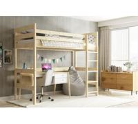 Interbeds Lit Mezzanine Enfant 90x200 cm - Bois Massif de Pin Naturel, Barrière de Sécurité, Echelle Sommier Inclus,1 Place, sans Matelas et Bureau (Pin Naturel)