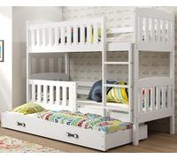 Interbeds Lit Superposé 3places QUBA en Bois de Pin Massif, Barrière de sécurité, Sommier, Tiroir, Enfant et Adulte, séparable en 2 lit, 3 Places (Blanc, 90x200)