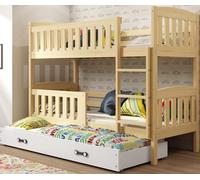 Interbeds Lit Superposé 3places QUBA en Bois de Pin Massif, Barrière de sécurité, Sommier, Tiroir, Enfant et Adulte, séparable en 2 lit, 3 Places (Pin, 90x190)
