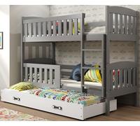 Interbeds Lit Superposé 3places QUBA en Bois de Pin Massif, Barrière de sécurité, Sommier, Tiroir, Enfant et Adulte, séparable en 2 lit, 3 Places (Gris, 90x190)