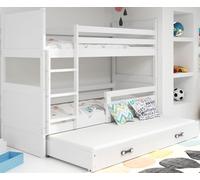 Interbeds Lit superposé 3places Rico Bois Massif, Pin, Barrière de sécurité, 3xSommier, Tiroir, Enfant, Séparable en 2 lit, 3 Personnes, sans Matelas (Blanc, 90x200)