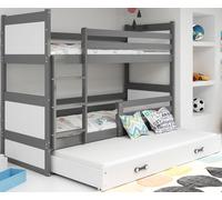 Interbeds Lit superposé 3places Rico Bois Massif, Pin, Barrière de sécurité, 3xSommier, Tiroir, Enfant, Séparable en 2 lit, 3 Personnes, sans Matelas (Gris, 90x190)