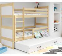 Interbeds Lit superposé 3places Rico Bois Massif, Pin, Barrière de sécurité, 3xSommier, Tiroir, Enfant, Séparable en 2 lit, 3 Personnes, sans Matelas (Pin, 90x200)