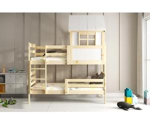 Interbeds Lit superposé 90x190 Cabane Eryk Bois Massif Naturel 2 Places Barrière de sécurité Sommier Séparable en 2 Lits Simples sans Matelas