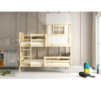 Lit superposé Cabane KACPER 90x190 Bois Massif Naturel 2 Places Barrière de sécurité Sommier Séparable en 2 lits simples