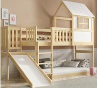 Interbeds Lit Superposé Cabane pour Enfants 90x200 cm - Mezzanine avec Toboggan et Echelle, Bois Massif de Pin Naturel, Écologique, Barrière de Sécurité, Sommier Inclus, sans Matelas, Toit Maisonette