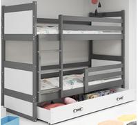 Interbeds Lit superposé Rico Bois Massif, Pin, Barrière de sécurité, Sommier, Tiroir, Enfant, Séparable en 2 lit, 2 Personnes, sans Matelas (Gris, 90x200)