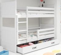 Interbeds Lit superposé Rico Bois Massif, Pin, Barrière de sécurité, Sommier, Tiroir, Enfant, Séparable en 2 lit, 2 Personnes, sans Matelas (Blanc, 90x200)
