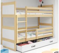 Interbeds Lit superposéen Bois Massif, pin, barrière de sécurité, sommier, Enfant et Adulte, séparable en 2 lit (pin+Blanc, 200x90)