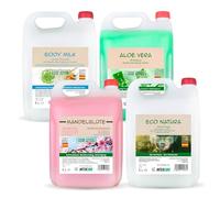 Intercabo Lot de 4 flacons de 5 L, gel douche fleur d’amande, shampooing aloe vera, savon mains Eco Natura, lait corporel hydratant, hygiène complète quotidienne