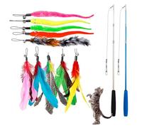 Interchangeable Chat Jouets en Plumes, Baguette pour Chaton avec Cloche, Rétractable Canne a Peche Jouet, 2 Bâtons de Baguette Rétractable pour Chat et 10 Plumes de Remplacement avec Cloche, 12 Pièces