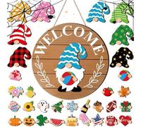 Interchangeable Welcome Sign - GNOME Door Decor, Interchangeable GNOME Welcome Sign, Seasonal Wooden Front Door Decor with Magnet Pieces & Detachable Hats | Holiday Decoration for Wall, Garden,