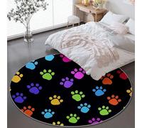 Intérieur Antidérapant Tapis Rond 90 cm - Doux Poils Ras Tapis Lavable en Machine avec Dessin Animé Empreintes De Pattes Colorées Motif, Noir moderne maison Décoration pour Adultes Enfants Chambre