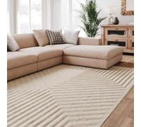 Interiyou Tapis Salon à Poils Courts Lecce - 120x170 Crème - Intérieur pour Chambre, Bureau, Couloir - Motif bohème scandinave avec Effet 3D - Design géométrique Plat