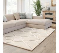 Interiyou Tapis Salon Verona - 200x300 Crème - Poils Longs avec Effet 3D - Motif géométrique - Intérieur pour Chambre, Bureau, Couloir - Facile à Entretenir