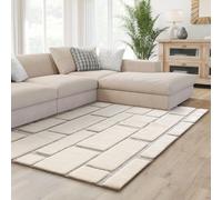 Interiyou Tapis Salon Verona - 250x350 Crème/Gris - Poils Longs avec Effet 3D - Motif géométrique - Intérieur pour Chambre, Bureau, Couloir - Facile à Entretenir