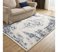 Interiyou Tapis Vintage Sintra à Poil Ras - 140x200 Crème/Bleu - Motif Oriental pour Salon, Salle à Manger, Chambre à Coucher